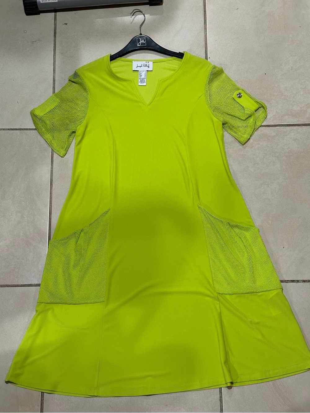 Joseph Ribkoff Neon Lime Mesh Sleeve A-Line Midi Dress